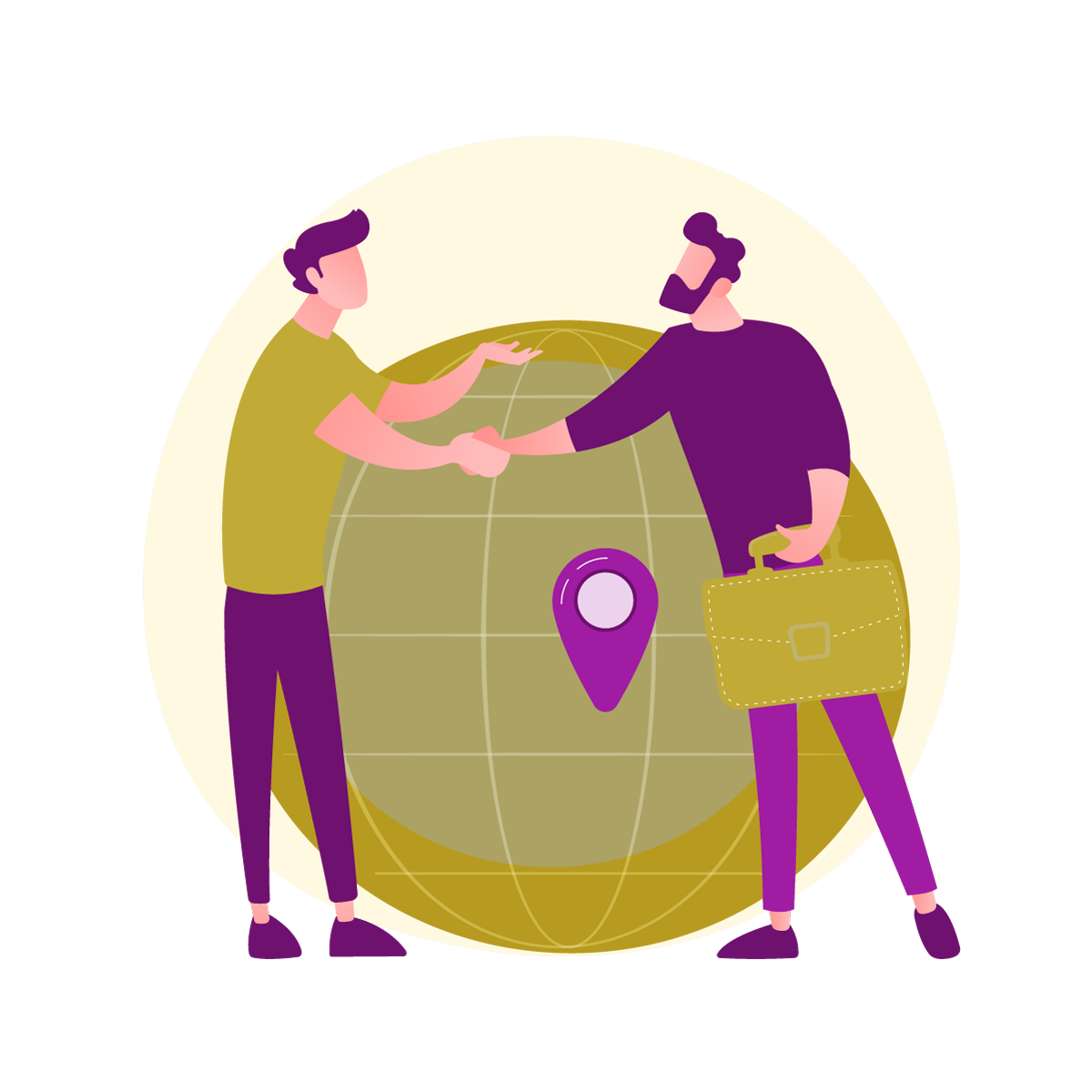 Il·lustració d'un món i dos nois donant-se la mà, arribant a un acord