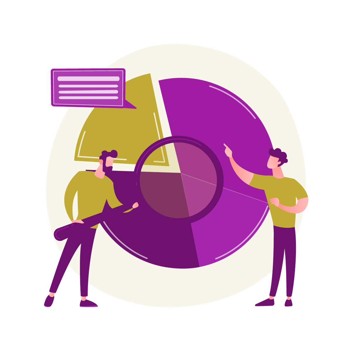 Il·lustració de dos nois amb una lupa i un cercle de percentatges